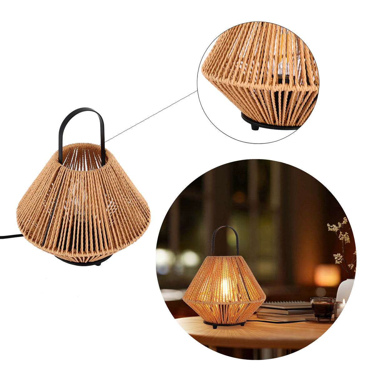A warm, rope-covered table lamp with a black handle, creating a cosy atmosphere. Perfect for adding a touch of rustic charm to any room.
