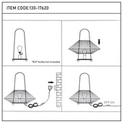 Diagram showing a lamp with a wire shade being assembled and plugged in. Bulb not included. Has an on/off switch.