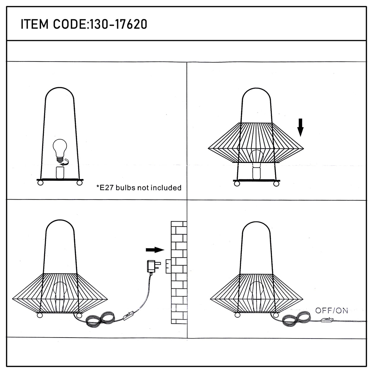 Diagram showing a lamp with a wire shade being assembled and plugged in. Bulb not included. Has an on/off switch.