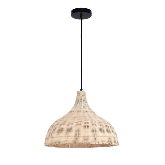 A stylish wicker pendant light with a black ceiling rose and cable, perfect for adding texture to any room.