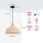 Dimensions for a pendant light fixture, including overall length, shade width and depth, and lamp fitting and wattage.
