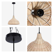Wicker pendant light with a black ceiling rose and light fitting. A natural, boho light fixture.