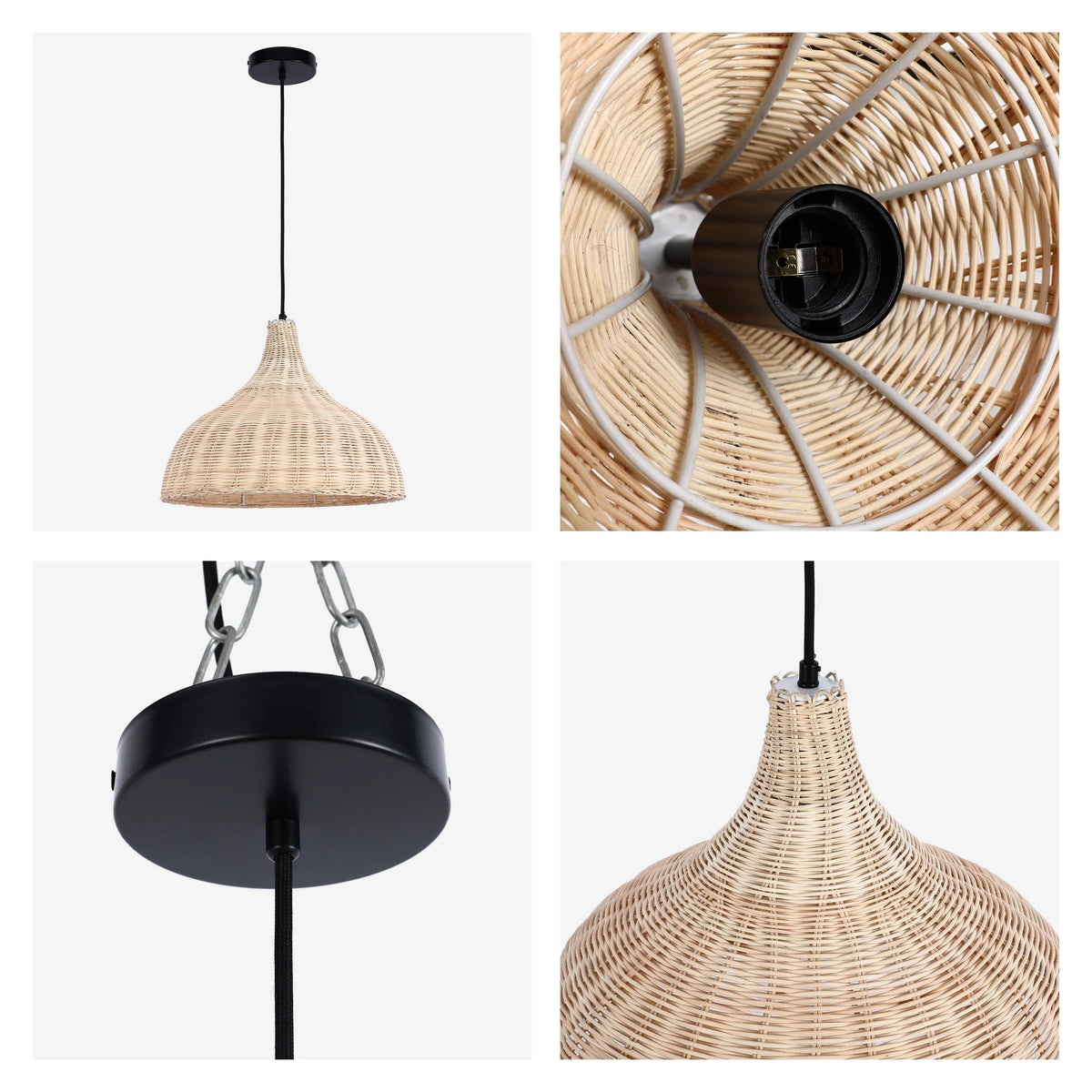 Wicker pendant light with a black ceiling rose and light fitting. A natural, boho light fixture.