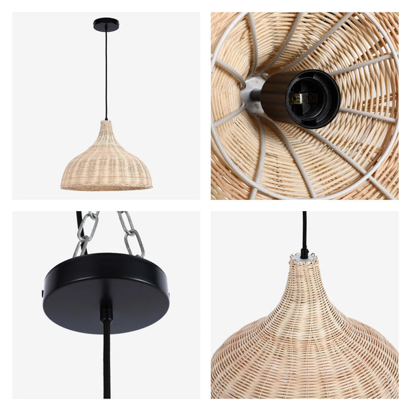 Wicker pendant light with a black ceiling rose and light fitting. A natural, boho light fixture.
