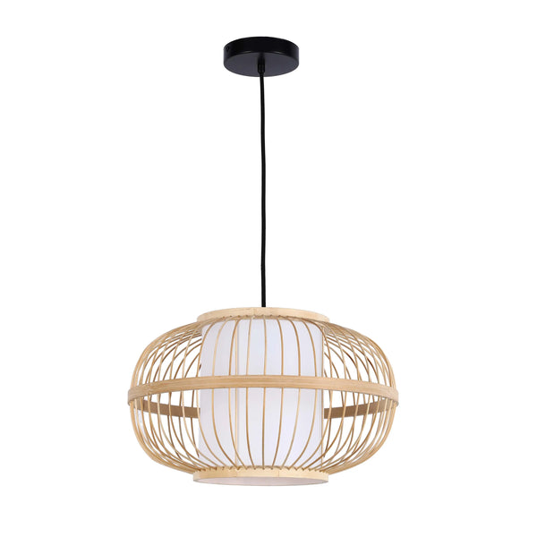 A modern, bamboo pendant light with a white fabric shade, suspended from a black ceiling rose.