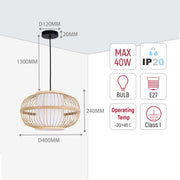 A bamboo pendant light fitting with dimensions indicated. Features IP20 rating and operates between -20/+45°C.