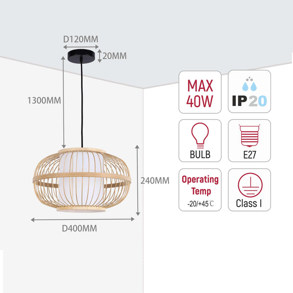 A bamboo pendant light fitting with dimensions indicated. Features IP20 rating and operates between -20/+45°C.