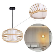 A rattan pendant light with a black ceiling rose is shown in various settings.
