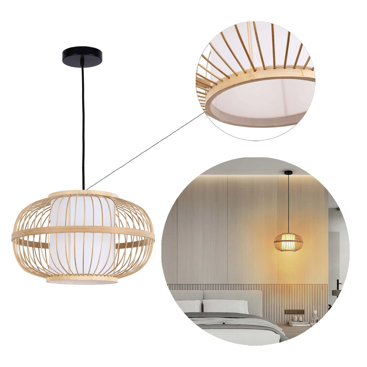 A rattan pendant light with a black ceiling rose is shown in various settings.