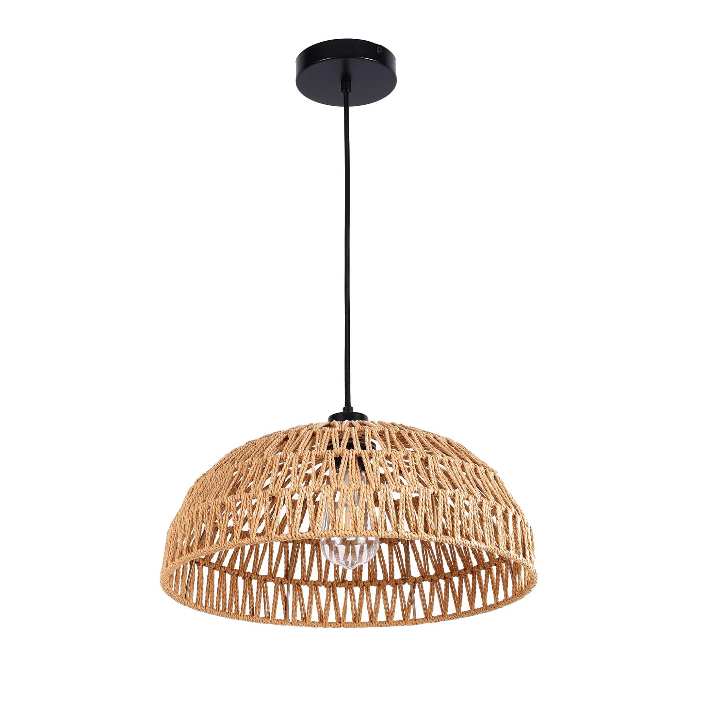 Woven rope pendant light with black ceiling rose. Decorative and modern.