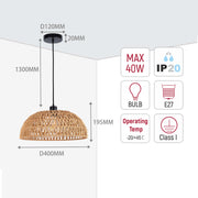 Hanging lamp with woven shade. Dimensions: 1300mm high, 400mm diameter. Max 40W. E27 bulb. IP20 rated, Class I. Operating temp -20/+45°C