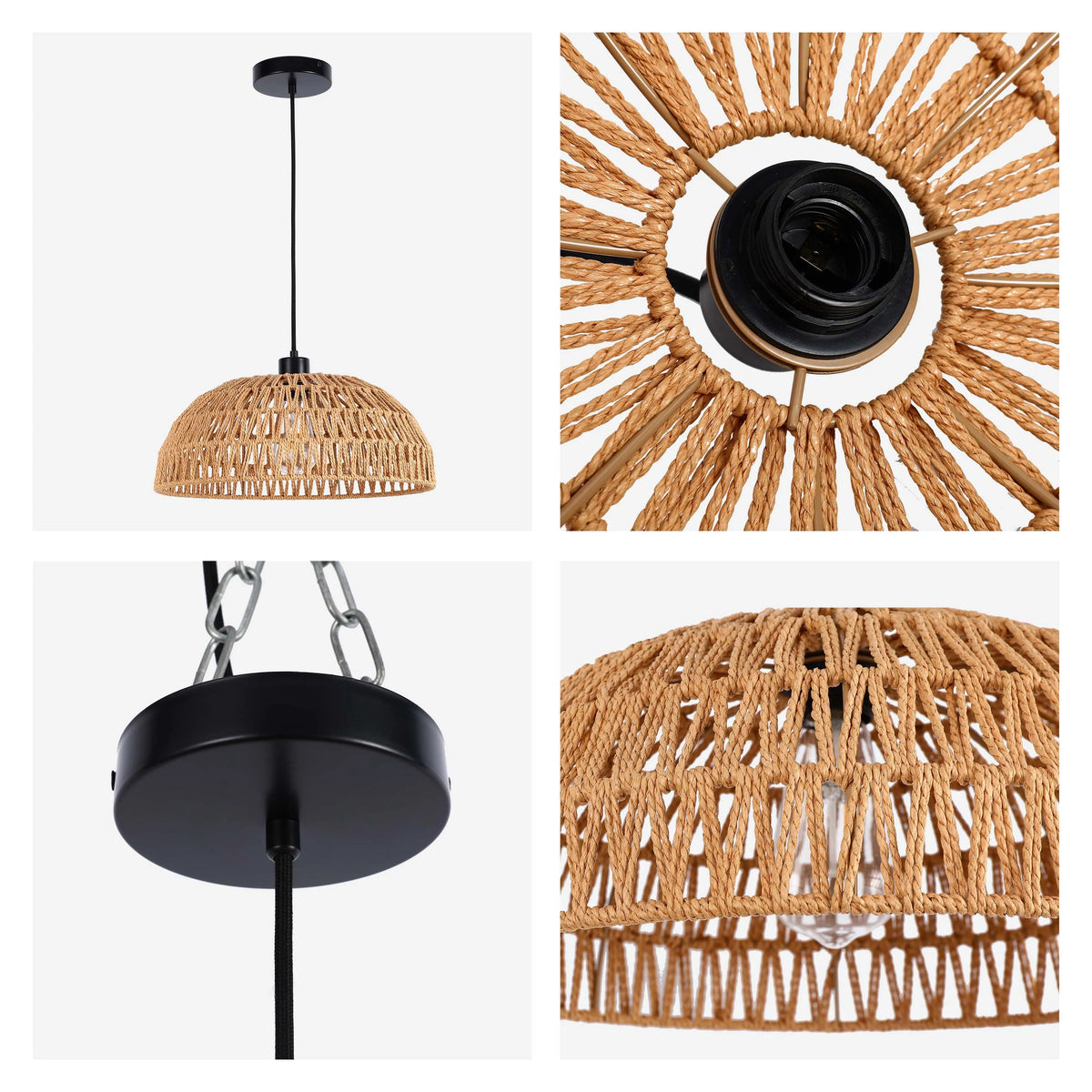 Woven pendant light with a black fitting and a light tan shade, shown in detail.