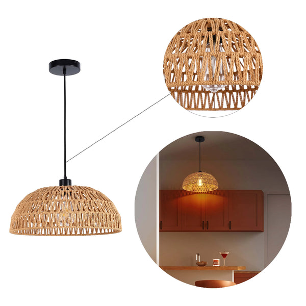 A natural fibre, woven pendant light with a black ceiling rose is the focus, with two contexts also shown.