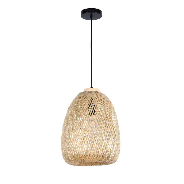 Woven bamboo pendant light with a black cable and ceiling rose. Adds a natural, relaxed vibe to any room.