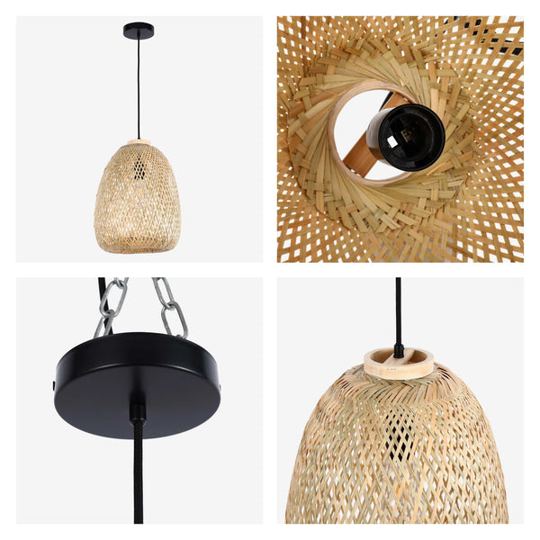 A woven pendant light. Contemporary woven shade with a black ceiling rose and cord. Available with chain or cable.