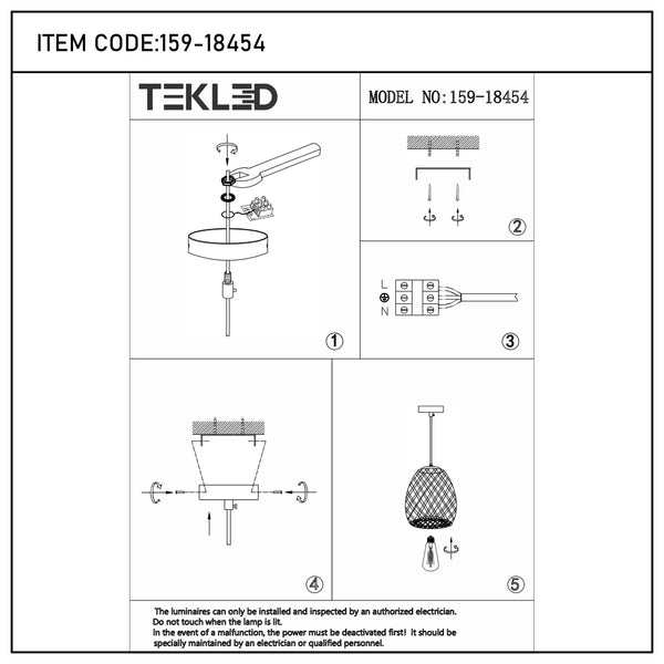 Diagram for installing a Tekled pendant light, showing the parts & wiring, plus warnings to use an electrician.