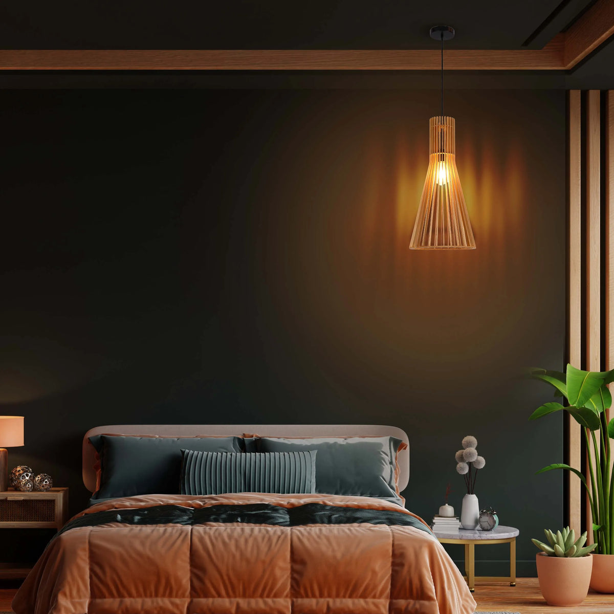 Warm, inviting bedroom lighting. A pendant light casts a soft glow, highlighting the dark green wall and cosy textures.