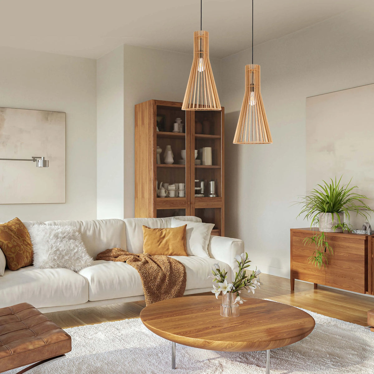 Warm wooden pendant lights illuminate this inviting living room, adding a touch of natural elegance to the space.