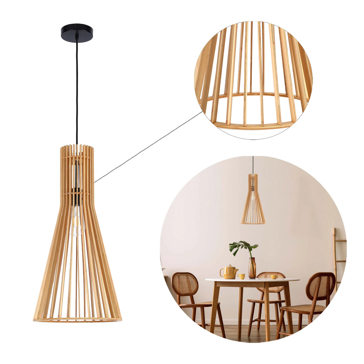 Wooden pendant light fixture with exposed bulb, shown with a detail and in situ above a dining table.