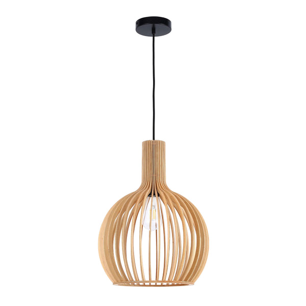 Stylish pendant light with a wooden, slatted shade. Suspended from a black ceiling rose and cord.