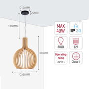 Wooden pendant light with bulb. Dimensions: 1300mm length, D350mm width, 40W max, IP20 rating, E27 bulb.