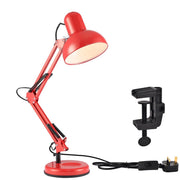 Red adjustable desk lamp with a clamp and base, modern and practical lighting solution for any workspace.