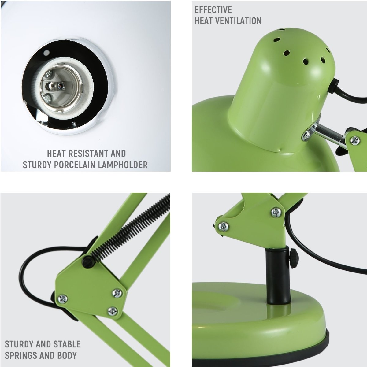 Close up of  Atlas Architect Swing Arm Green Desk Lamp with Clip E27