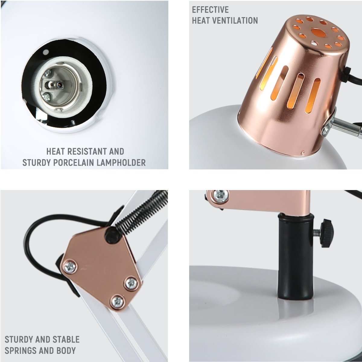 Close-up of a desk lamp's key features: heat-resistant lampholder, effective ventilation, and sturdy springs, body, and base.