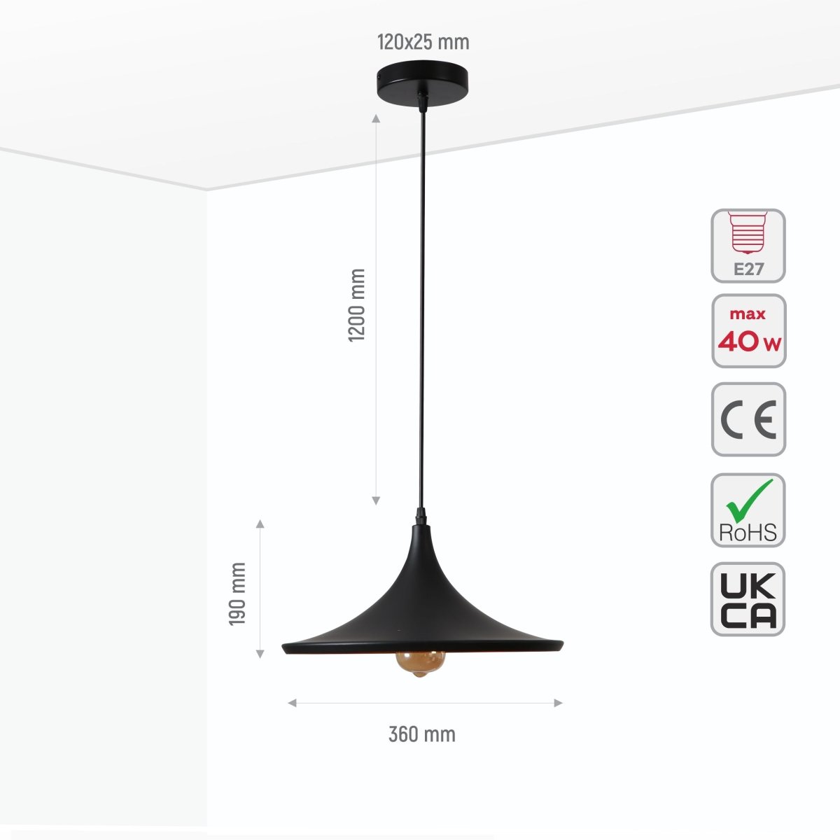 Size and specs of Penn Cone Schoolhouse Orient Flat Black Gold Metal Pendant Ceiling Light E27 | TEKLED 150-17914