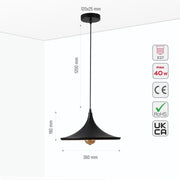 Size and specs of Penn Cone Schoolhouse Orient Flat Black Gold Metal Pendant Ceiling Light E27 | TEKLED 150-17914
