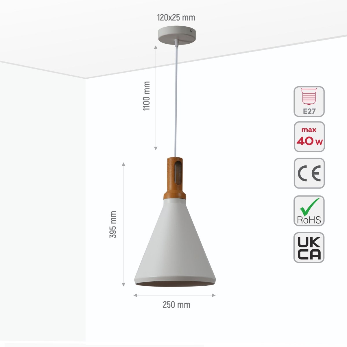 Product dimensions of white metal wood neck pendant light small e27 150-18033