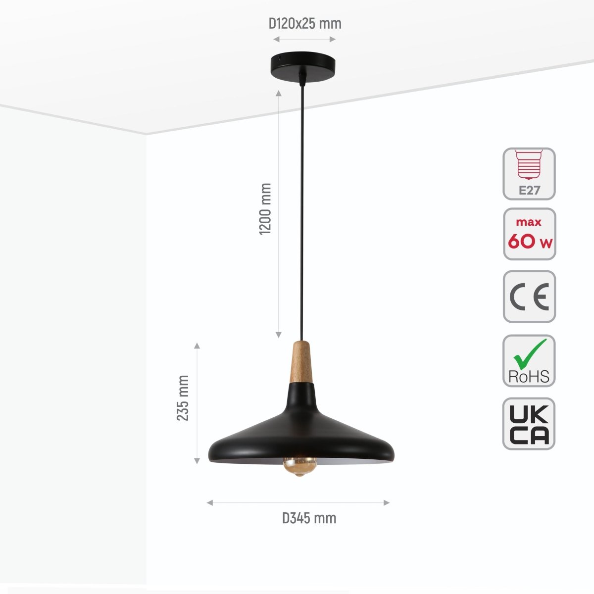 Size and specs of Capo Funnel Cone Flat Nordic Wood Top White or Black Designer Metal Pendant Ceiling Light E27 | TEKLED 150-18034