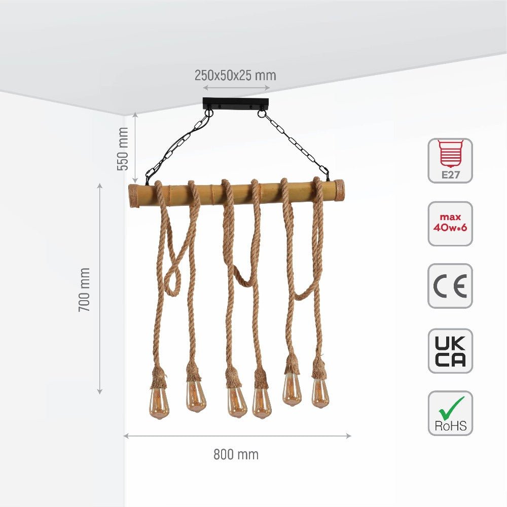 Product dimensions of bamboo and hemp rope rod chandelier with 6xe27 fitting 150-18132