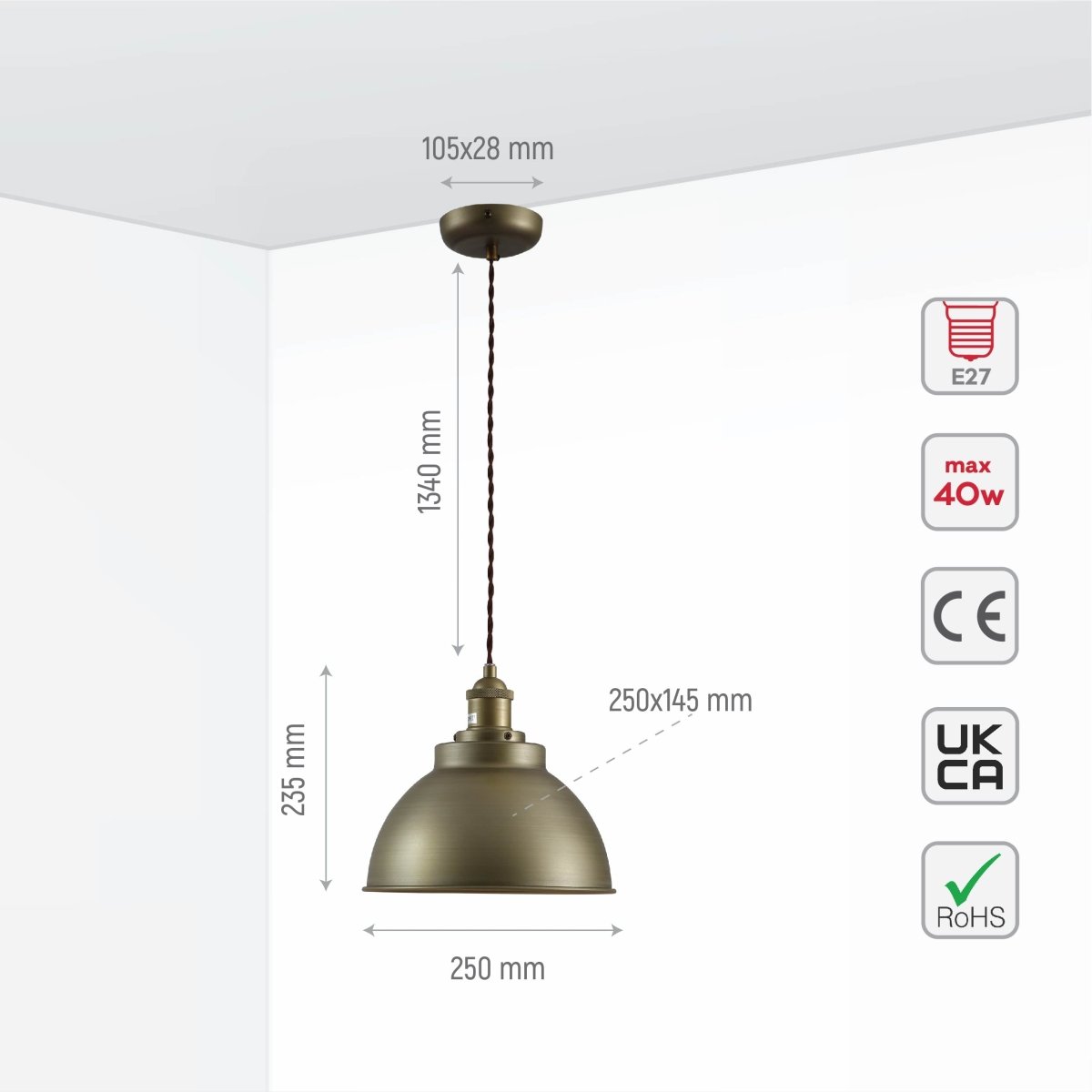 Size and specs of Brooklyn Vintage Metal Dome Pendant Light Pewter Copper  Bronze E27  | TEKLED 150-18205