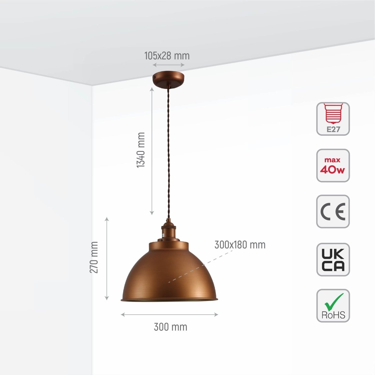 Size and specs of Brooklyn Vintage Metal Dome Pendant Light Pewter Copper  Bronze E27  | TEKLED 150-18209