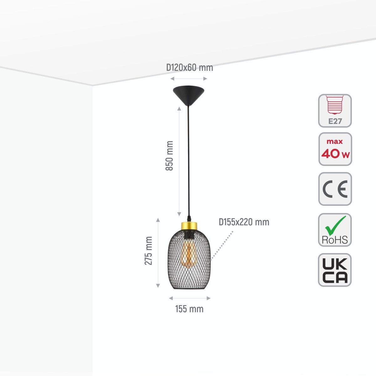 Size and specs of Mesh Cage Lantern Metal Pendant Ceiling Light E27 Black D155 150-18236