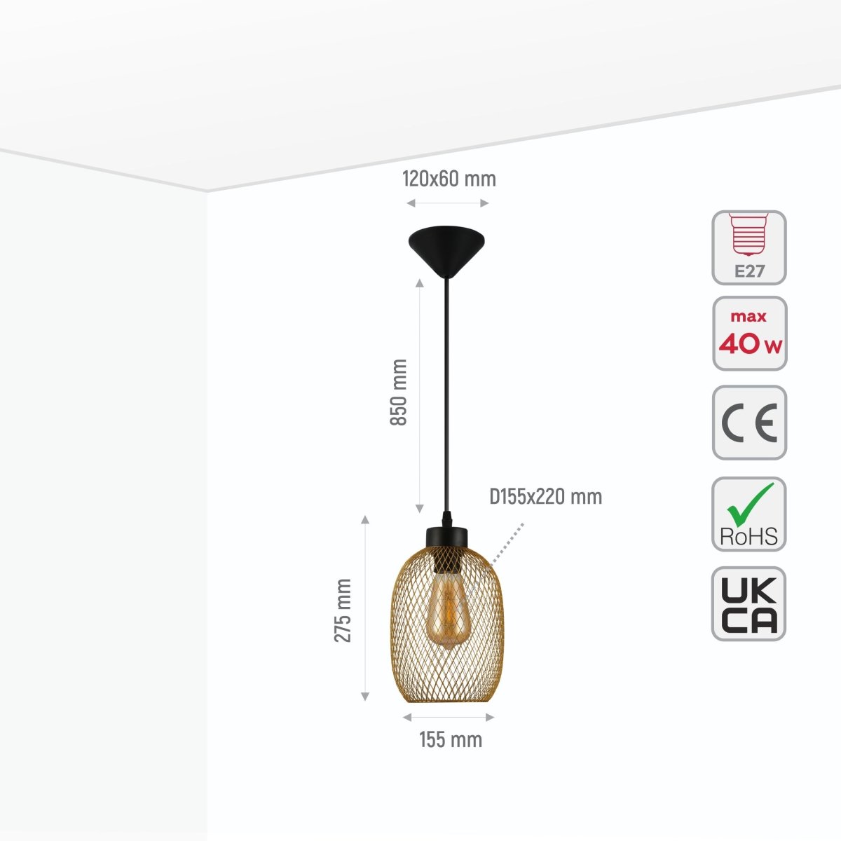 Size and specs of Mesh Cage Lantern Metal Pendant Ceiling Light E27 Gold D155 150-18240