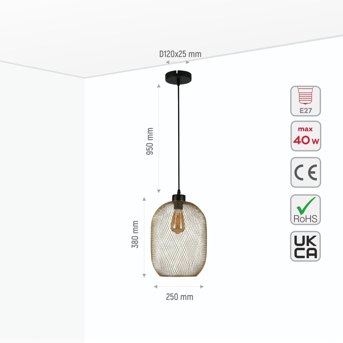 Size and specs of Mesh Cage Lantern Metal Pendant Ceiling Light E27 Gold D250 150-18242