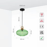Size and specs of Sawyer Ribbed Fluted Reeded Maloto Lantern Green Glass Pendant Ceiling Light E27 Gold Handled  | TEKLED 150-18706