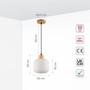 Size and specs of Sawyer Ribbed Fluted Reeded Maloto Lantern Opal Glass Pendant Ceiling Light E27 Wood Top | TEKLED 150-18710