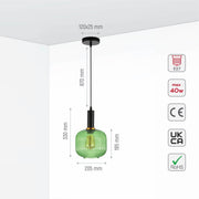 Size and specs of Sawyer Ribbed Fluted Reeded Maloto Lantern Green Glass Pendant Ceiling Light E27 Black Metal Top | TEKLED 150-18714
