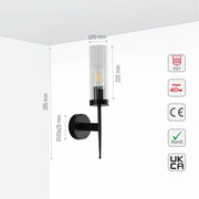 Product dimensions of Black Cylinder Clear Reeded Glass Joseph Fonteyn Fluted Wall Light E27