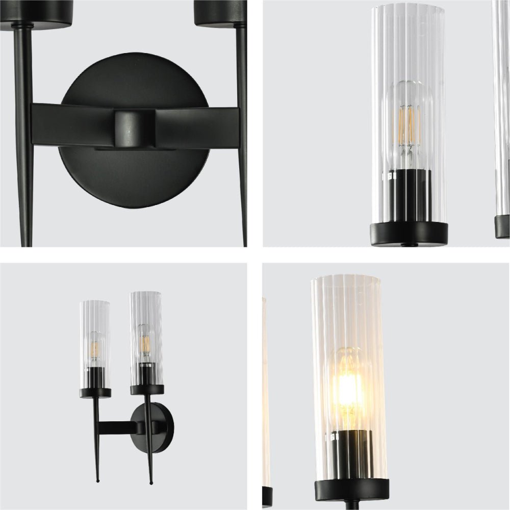 Features of Black Cylinder Clear Glass Wall Light with 2xE14 Fitting