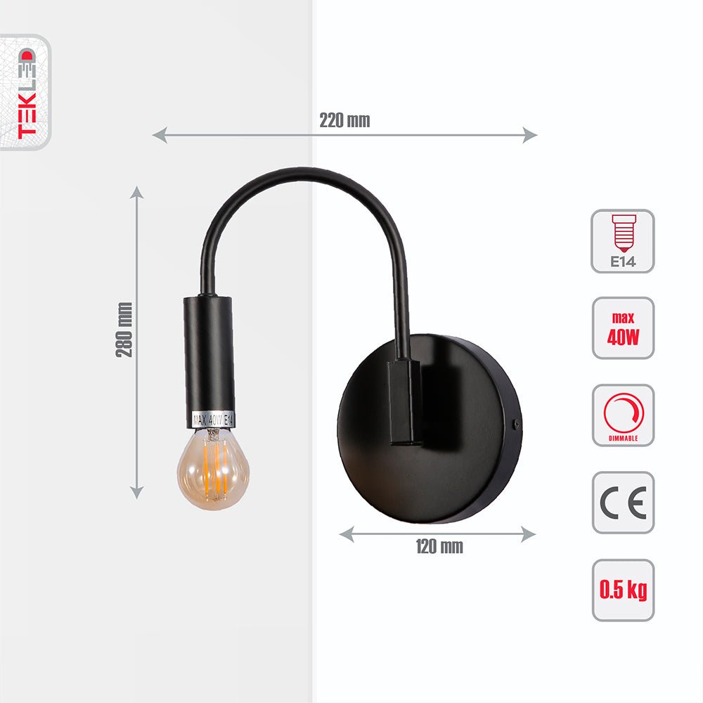 Tehcnical specifications and dimensions of Matte Black Swan Wall Light with E14 Fitting