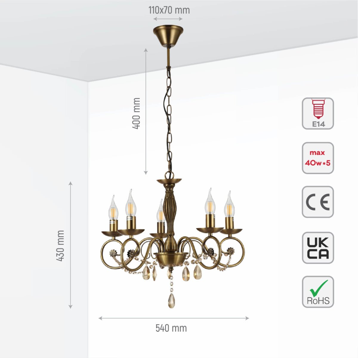 Size and specs of Antique Brass Finishing Metal Body French Candle Vintage Crystal Ceiling Light with E14 | TEKLED 152-179536