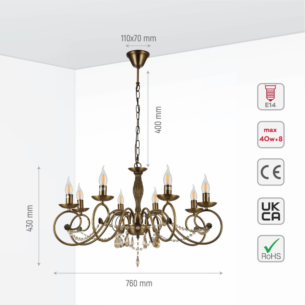 Size and specs of Antique Brass Finishing Metal Body French Candle Vintage Crystal Ceiling Light with E14 | TEKLED 152-179538