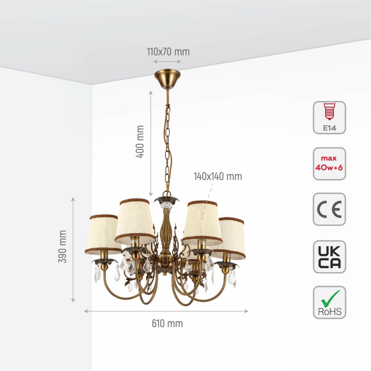 Size and specs of Antique Brass Finishing Metal Body Off White Shade Candle Vintage Crystal Ceiling Light with E14 | TEKLED 156-18202
