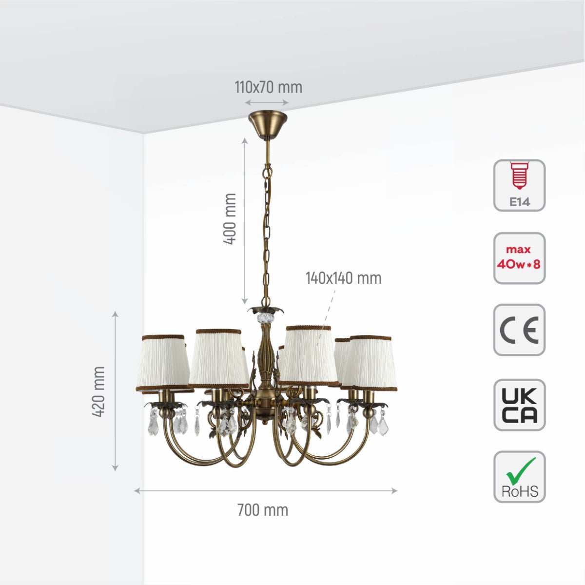 Size and specs of Antique Brass Finishing Metal Body Off White Shade Candle Vintage Crystal Ceiling Light with E14 | TEKLED 156-18205