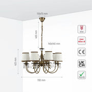 Size and specs of Antique Brass Finishing Metal Body Off White Shade Candle Vintage Crystal Ceiling Light with E14 | TEKLED 156-18205