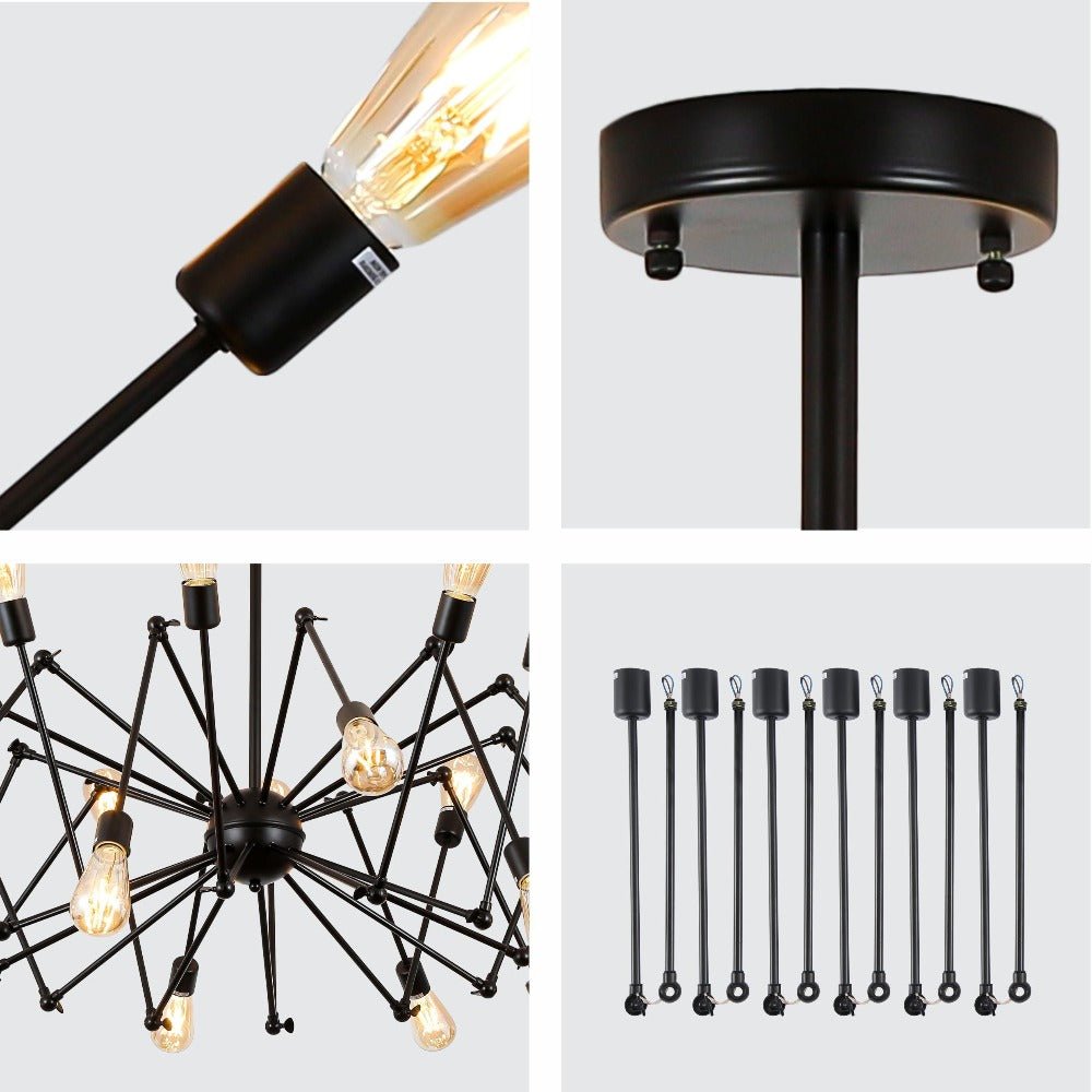 Close up photo of black hinged rod metal spider chandelier with 12xe27 fitting 158-17586